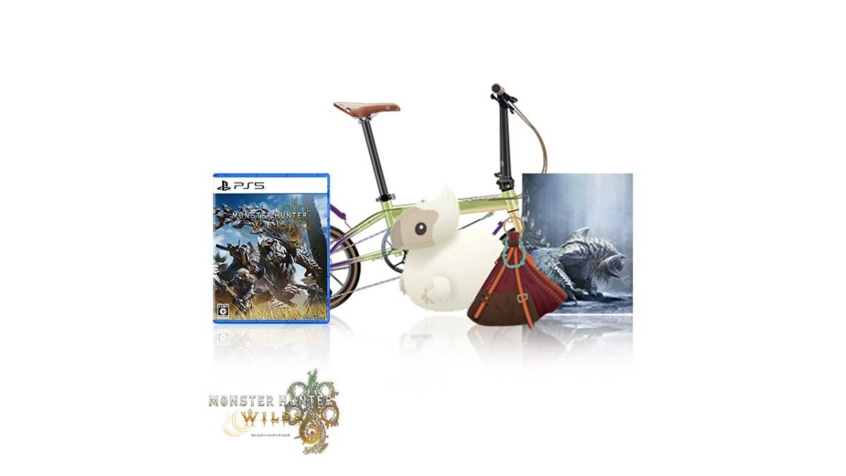 Monster Hunter Wilds Ultra Collector版,带有游戏的照片,蓬松的玩具,武器袋和一辆折叠自行车。