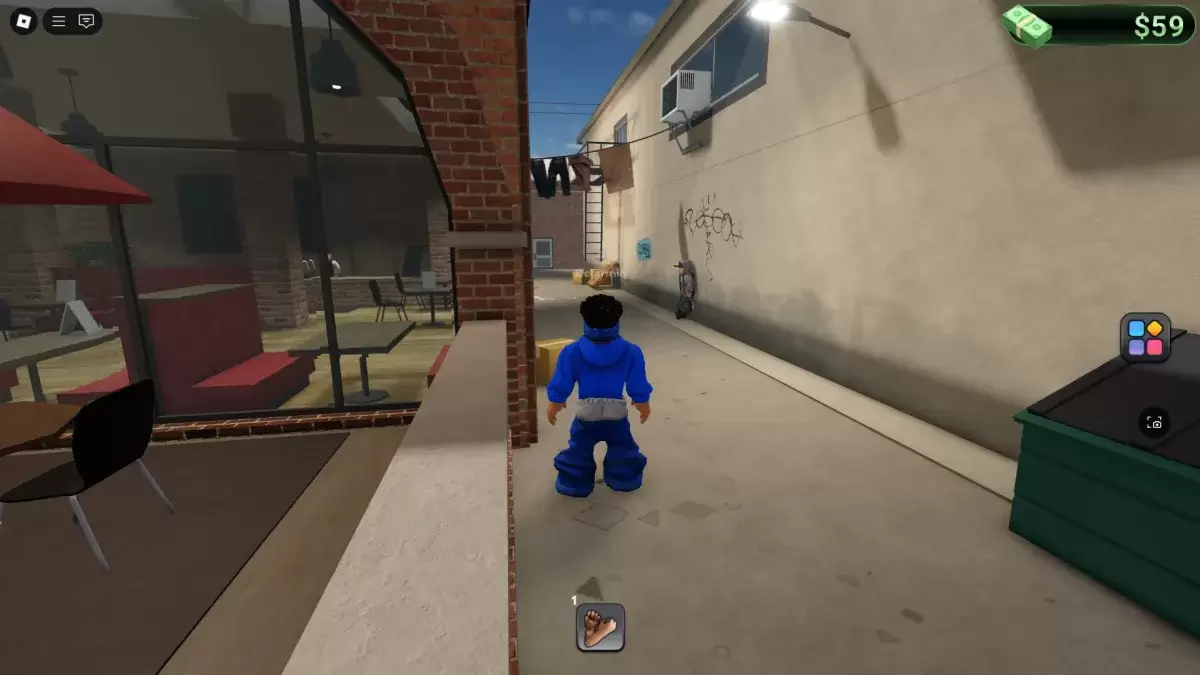 A player looking at the Dealer located behind the Cook job in BlockSpin