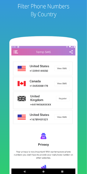 Temp SMS - Temporary Numbers Скриншот 2