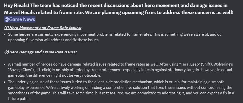 Marvel Rivals addressing performance bug
