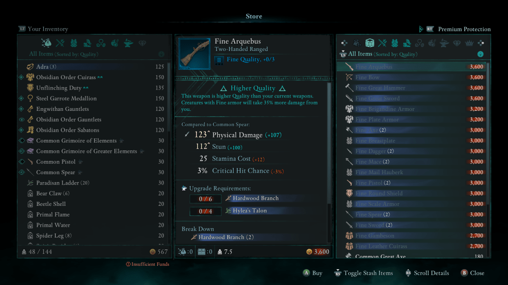 Avowed Fine IIの武器と鎧