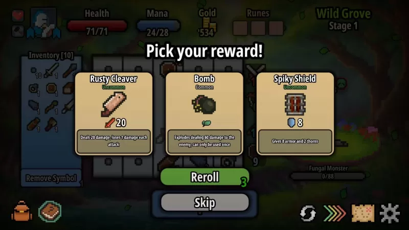 A selection menu displaying various power-ups and weapons in pixel-art style