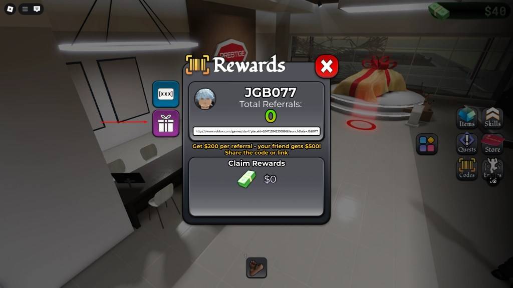 A player interacting with the Code Menu in BlockSpin