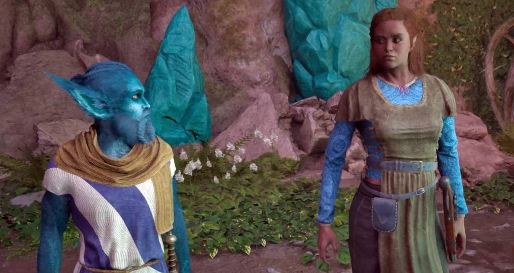 An image showing Garryck and Ilora conversing in Avowed.