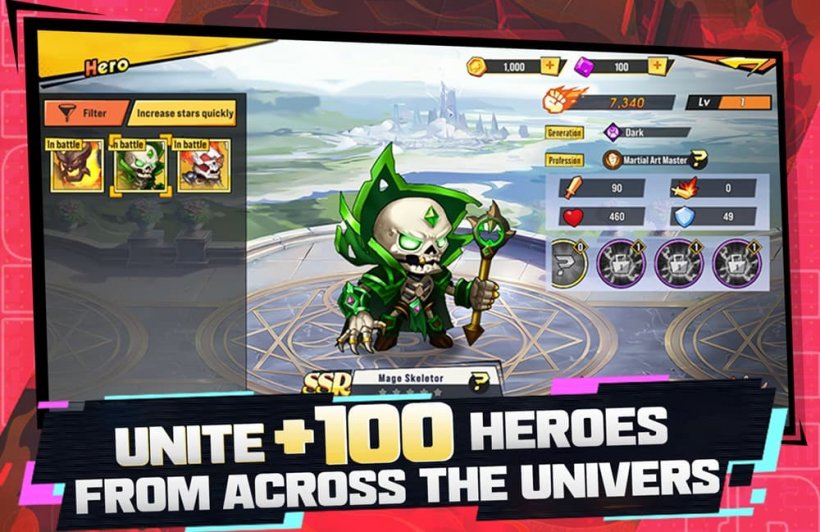 A screenshot of Heroes United showcasing a character selection screen with a suspiciously familiar skeletal mage.