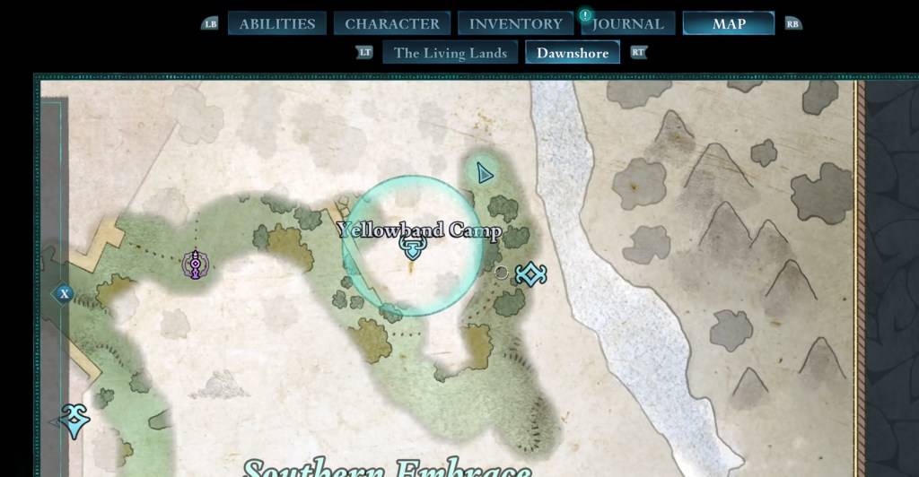 Un mapa de Avowed que destaca la ubicación del tesoro para el Mapa del Cacho Felino Intimidante.