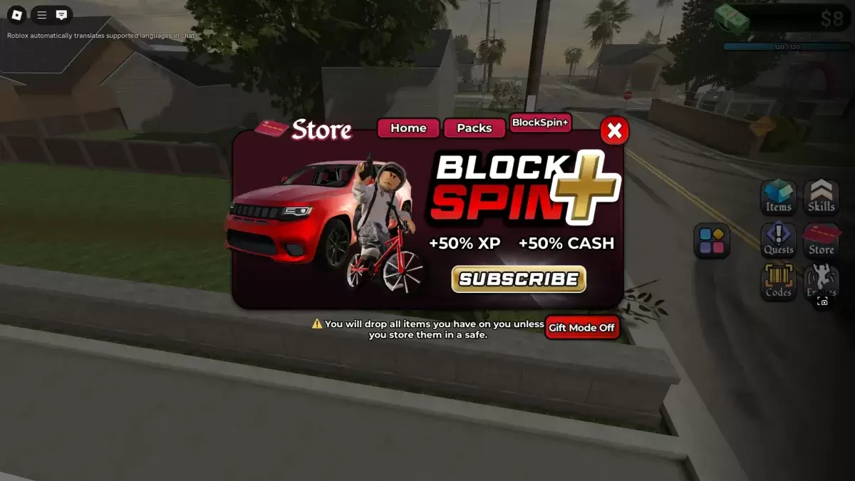 A player interacting with the Store menu to get BlockSpin + battlepass