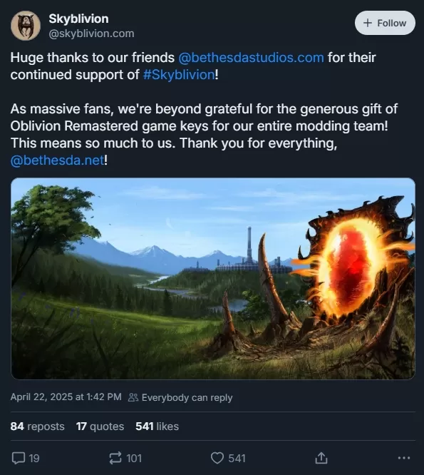 BethesdaがSkyblivionチームにOblivion Remasteredの無料キーを贈呈