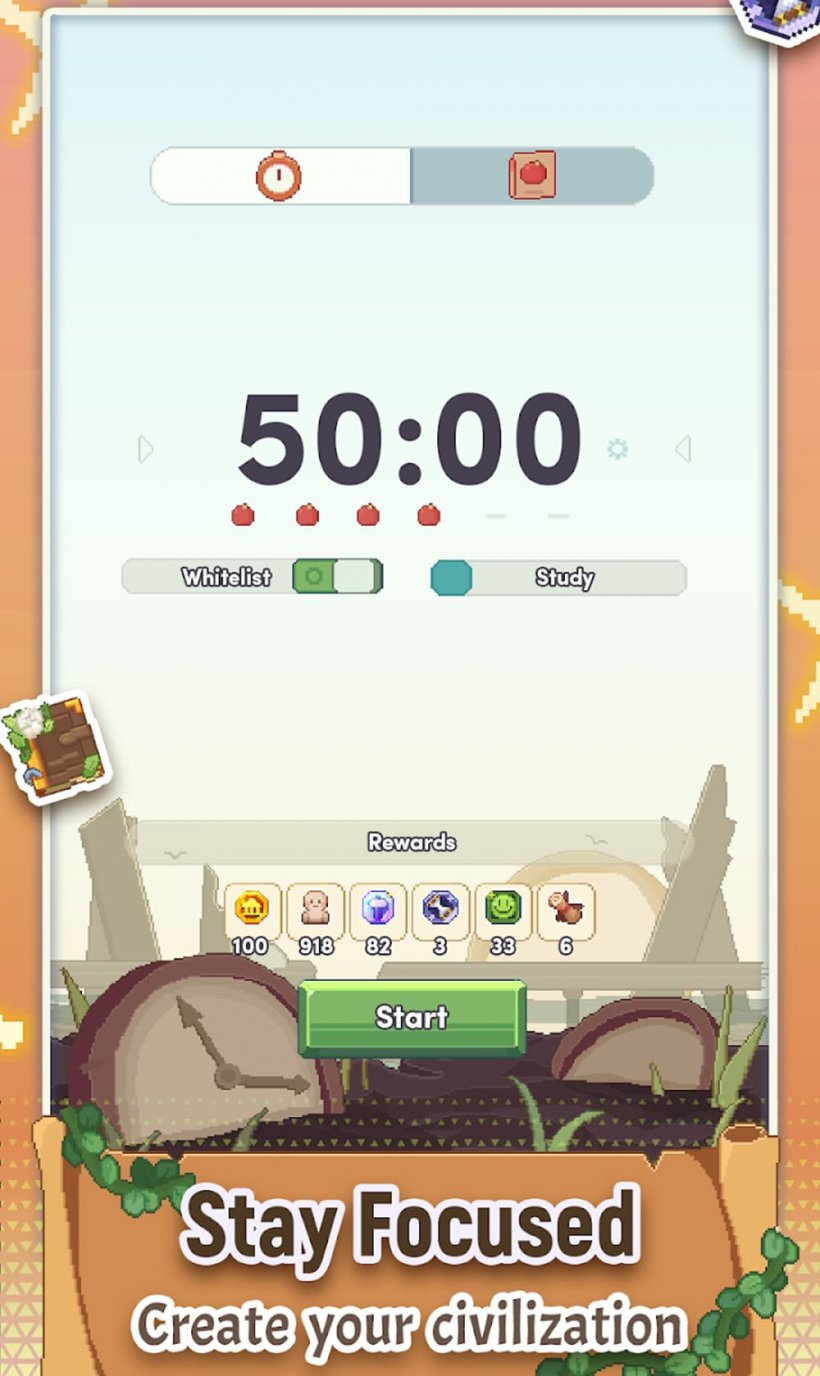 Pomodoro ၏အသက်အရွယ်တွင် timerhot ၏ screenshot သည်အာရုံစူးစိုက်မှုများကိုမြှင့်တင်ရန်ခလုတ်များဖေါ်ပြခြင်း